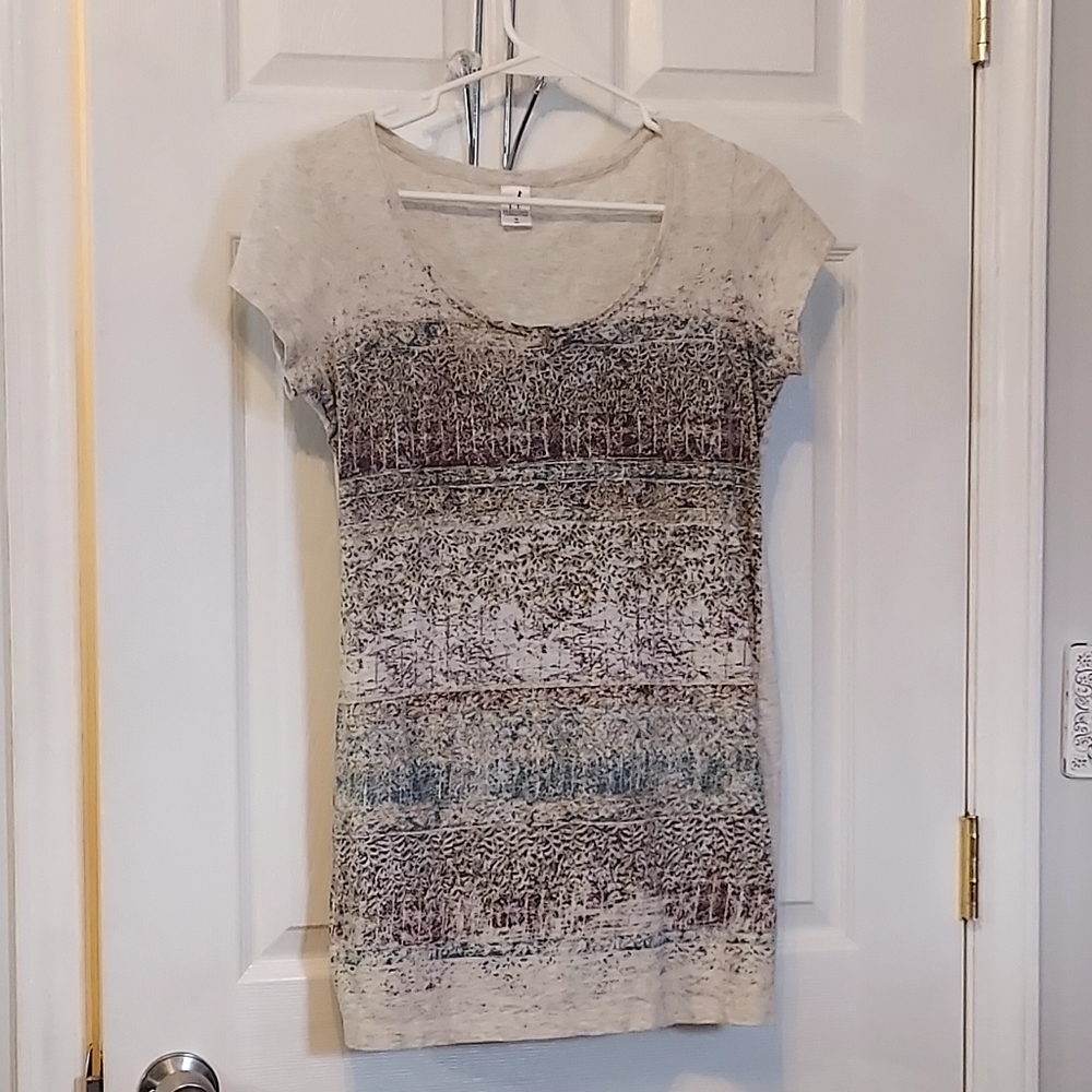 Peruvian Connection Long Tunic Tshirt Dress Cream Neutral Splatter Trees Med Y2K